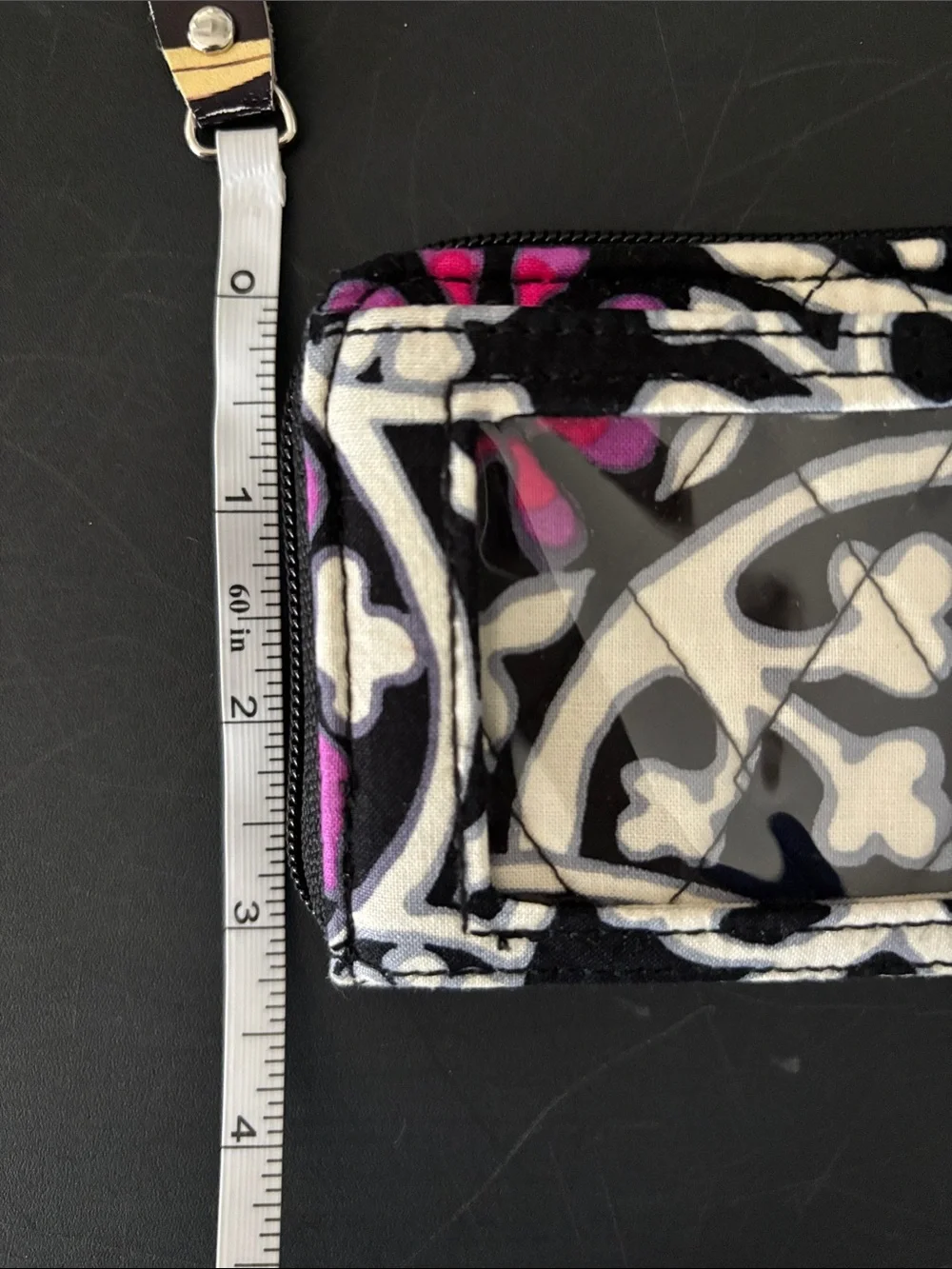 Vera Bradley Black White and Pink Patterned Zip ID Wallet with Key Ring